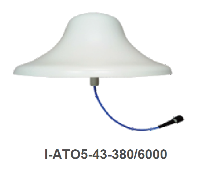 Witte UFO-vormige antenne met blauwe kabel, modelnummer I-ATO5-43-380/6000.
