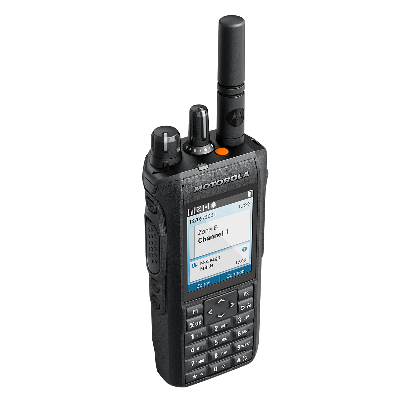 Handheld radio with display, buttons, and antenna.
