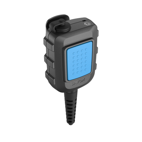 Black portable communication device with blue button and cable connection.