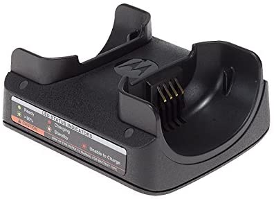 Black desktop charger with connector pins and LED indicators.