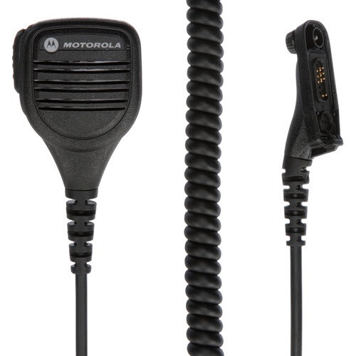 Black radio speaker microphone with coiled cable and connector.