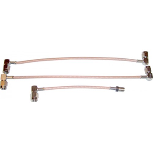 Two flexible transfer hoses with metal connectors.