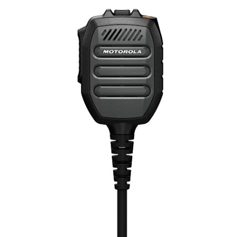 Black handheld radio microphone with cable, brand name visible.