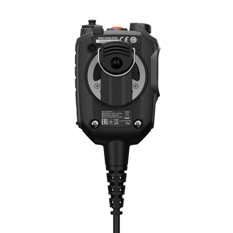 Rear view of a black radio device with multiple buttons and connection cable.