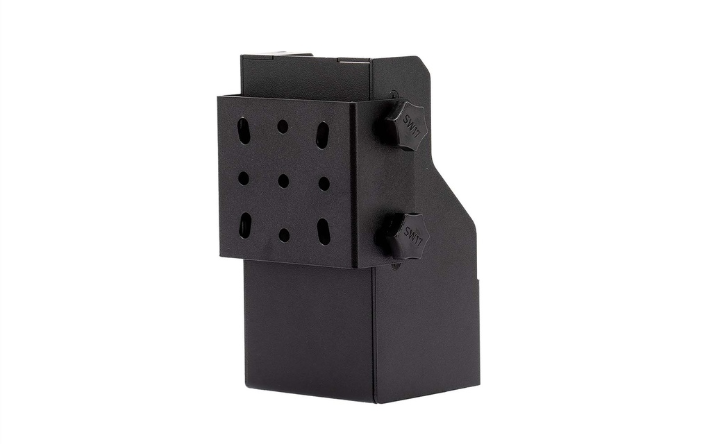 Zwart metalen onderdeel met gaten en twee schroefknoppen.