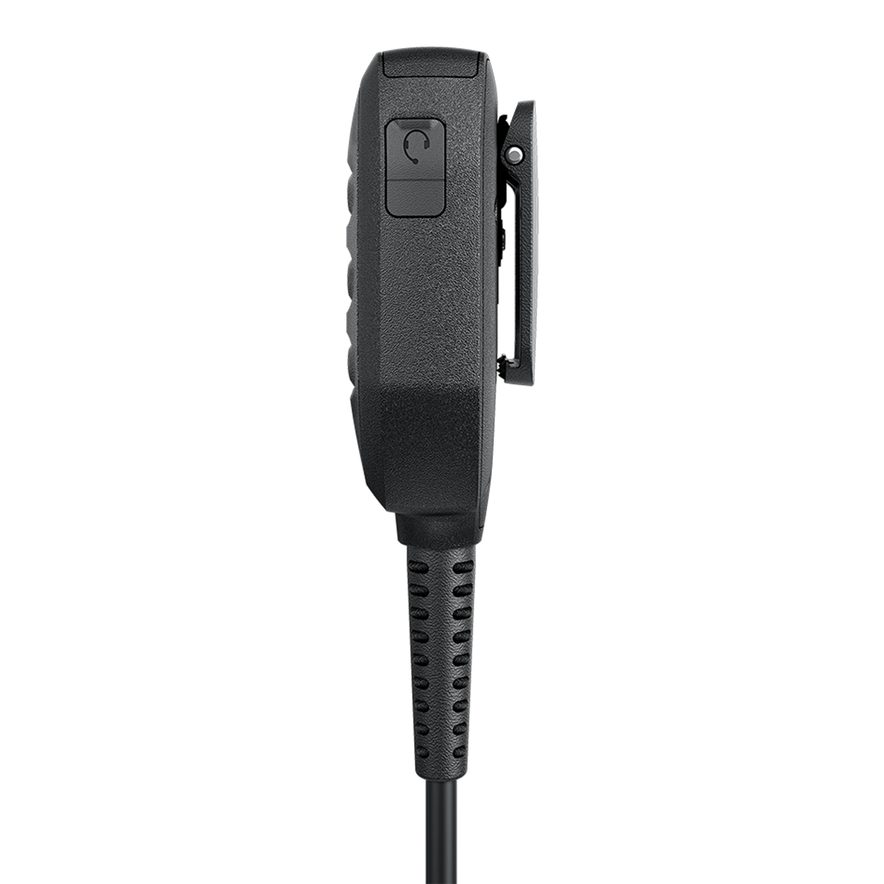 Side view of a black radio device with a cable.