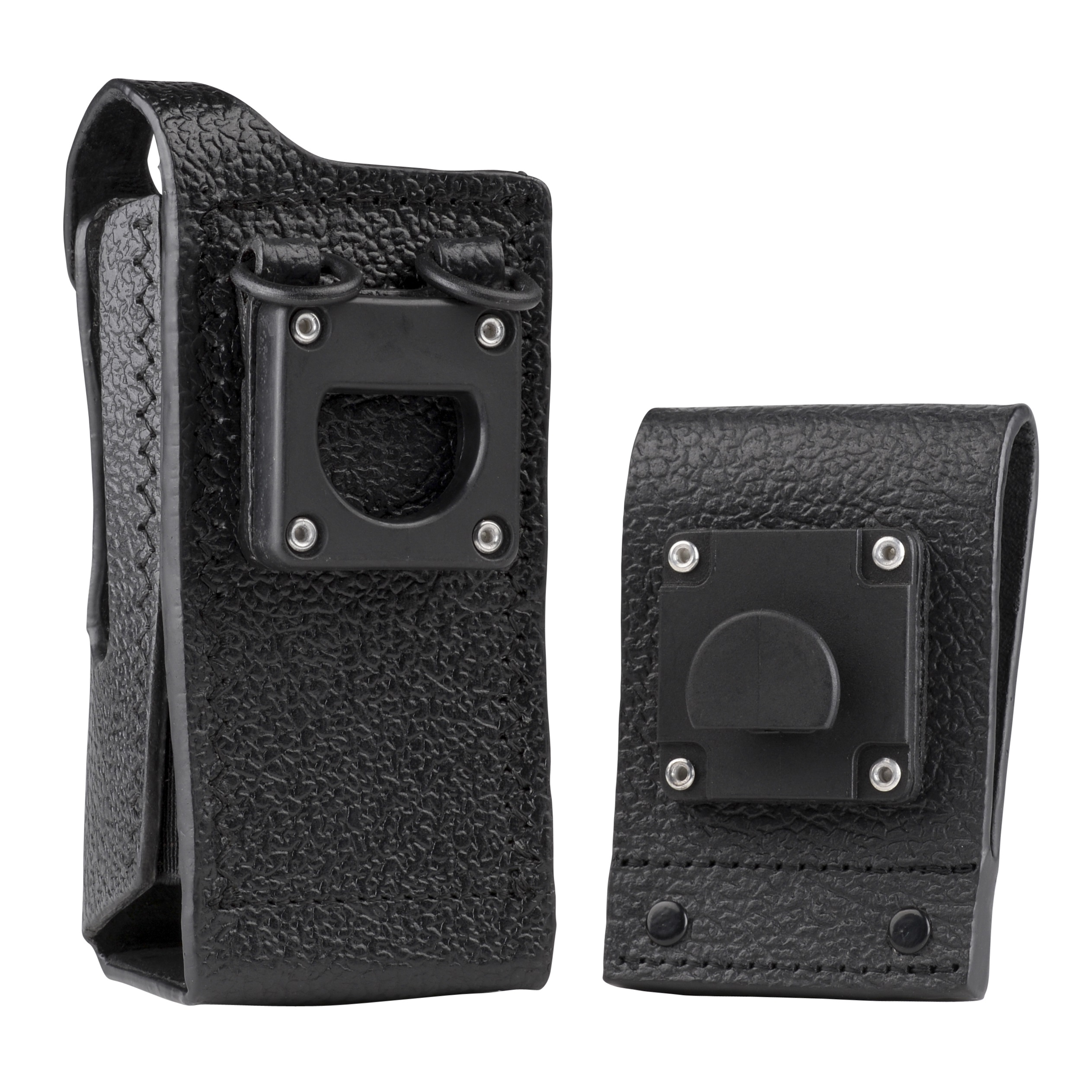 Twee zwarte leren etuis met riemclip en metalen onderdelen.