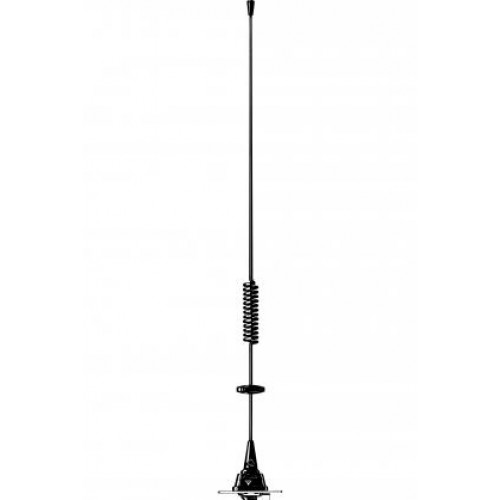 Zwarte verticale antenne met spoel in het midden.