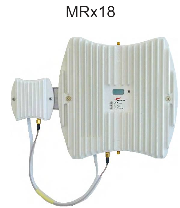 Unité radio blanche avec deux modules et câbles, étiquette MRx18 en haut.