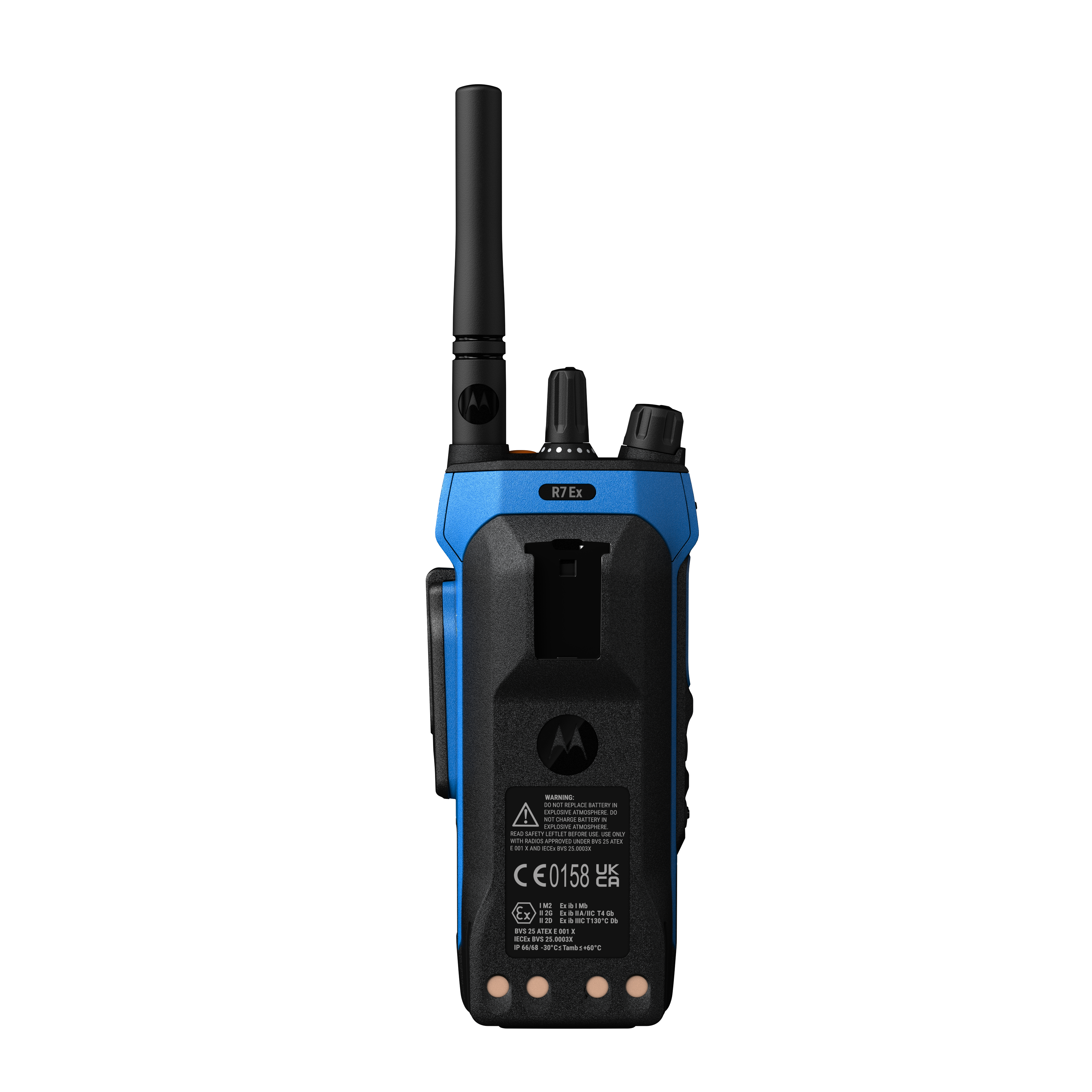 Achterkant van een blauwe walkie-talkie met antenne en twee knoppen.