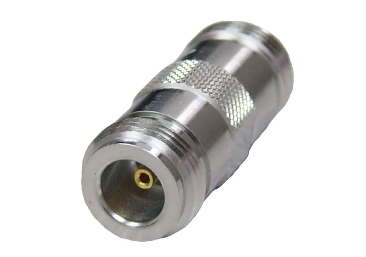 Metal coaxial connector with knurled surface and internal thread.