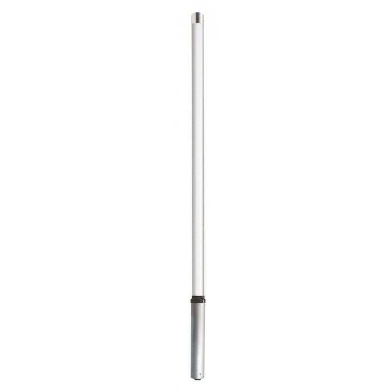 Witte verticale antenne met zilveren basis.