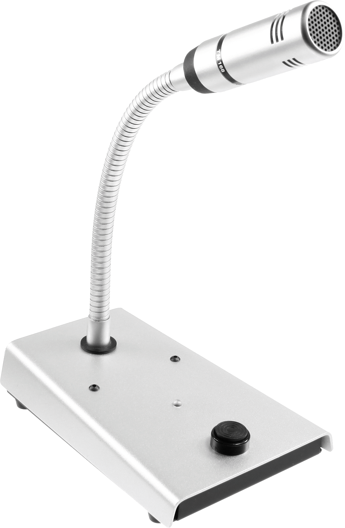 Zilveren tafelmicrofoon met flexibele zwanenhals en zwarte knop.