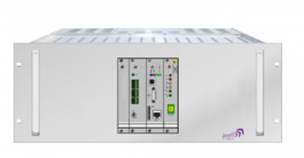 Silver server with front panel, multiple ports, and indicator lights.