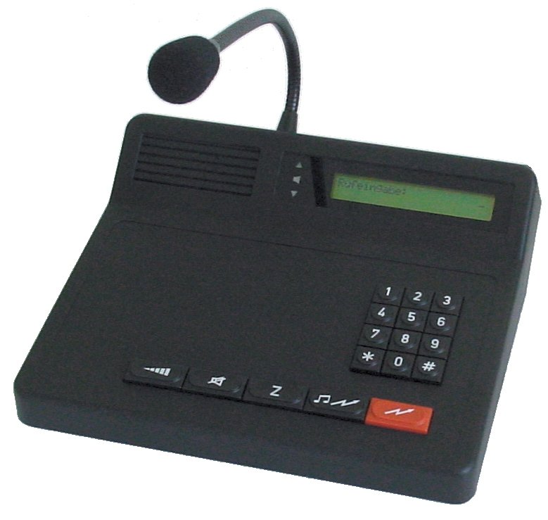 Microfoon met toetsenbord en display, zwarte basis.