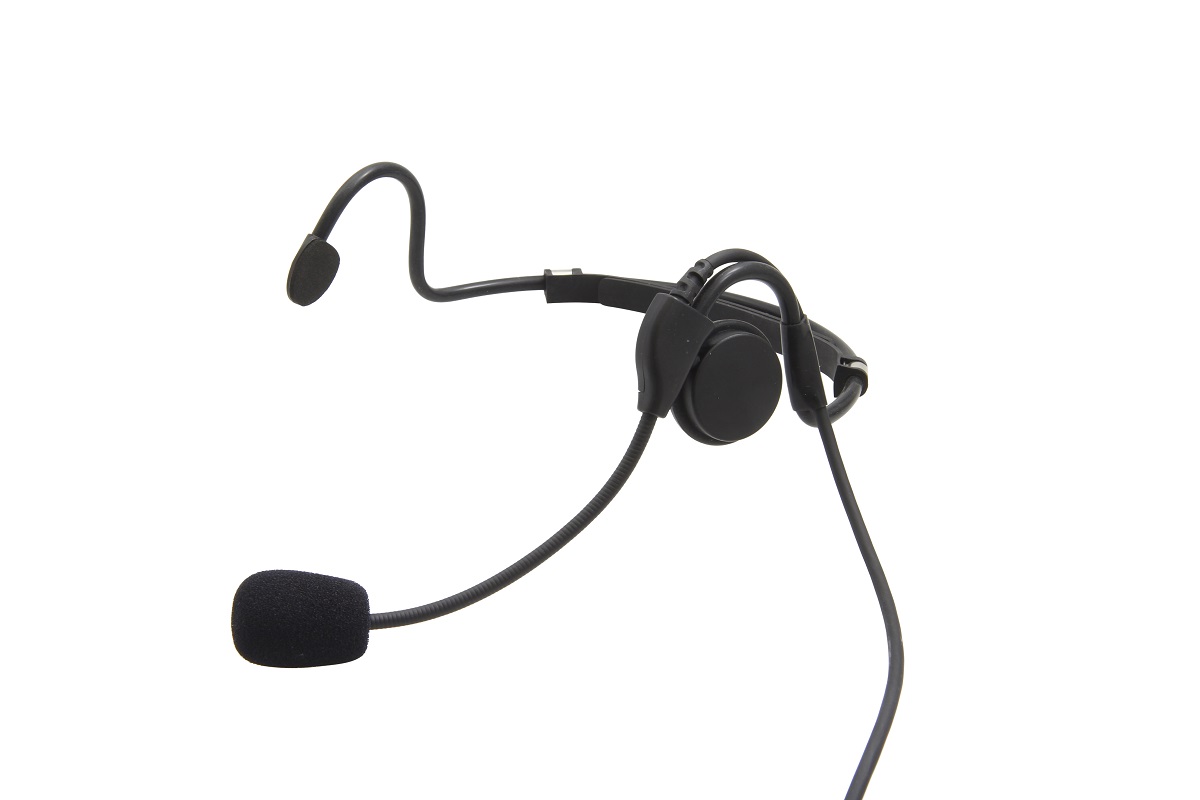 Zwart headset met microfoon op flexibele arm.