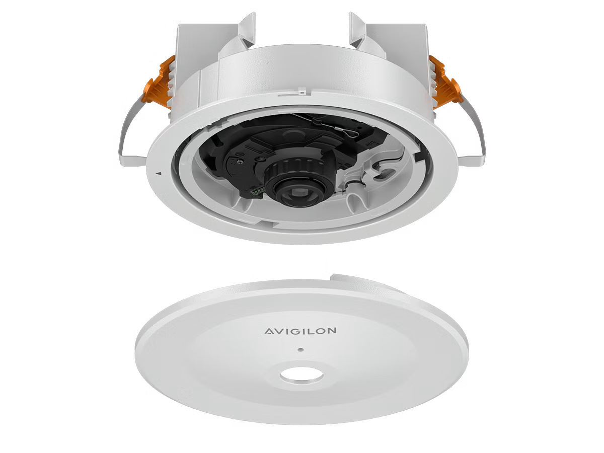 Round surveillance camera with detachable cover, white color and black inner unit.