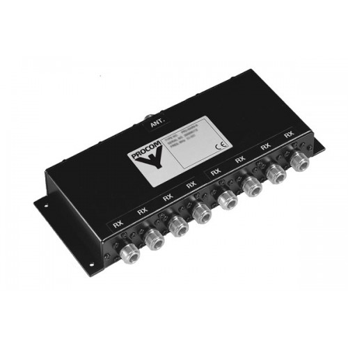 Black-coated distributor with eight RF connectors, RX labels, and Procom logo.