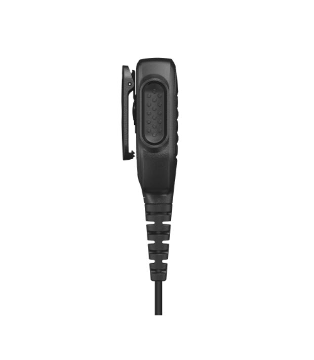 Zijaanzicht van een zwarte handmicrofoon met clip en kabelverbinding.