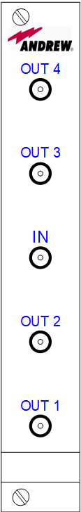 Vertical panel with logo, four outputs and one input, top to bottom: Out 4, Out 3, In, Out 2, Out 1.