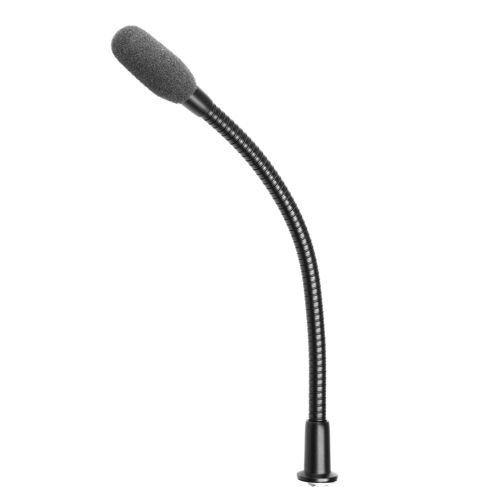 Zwart flexibel zwanenhalsmicrofoon met schuimrubberen windscherm.