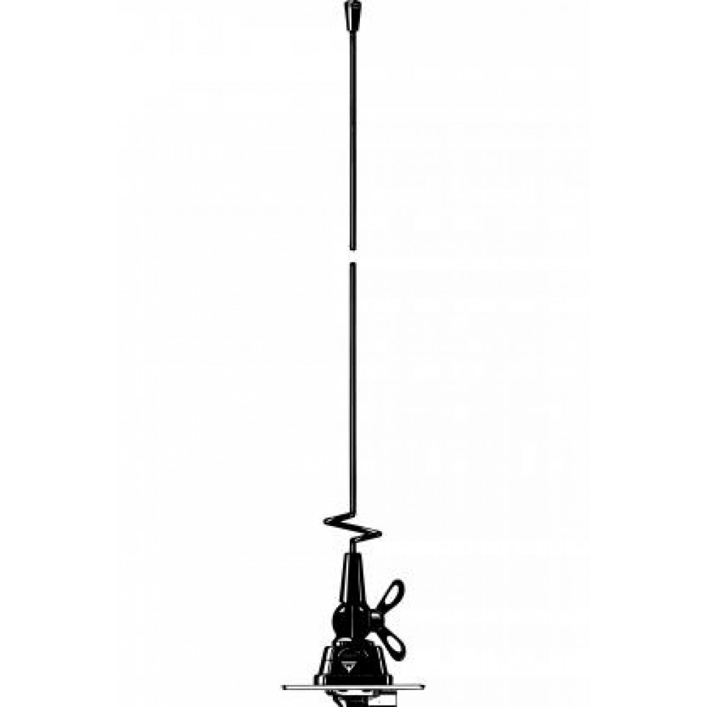 Zwarte auto-antenne met spiraal en kogelgewricht op houder.