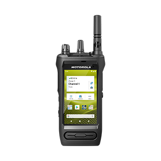 Handheld radio with screen, buttons, and antenna.