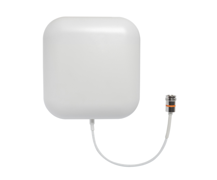 Witte vierkante antenne met kabel en stekker.
