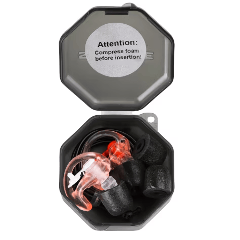 Boîte grise avec bouchons d'oreilles et note : Compresser la mousse avant insertion.