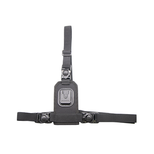 Black chest holster with straps and clip system.