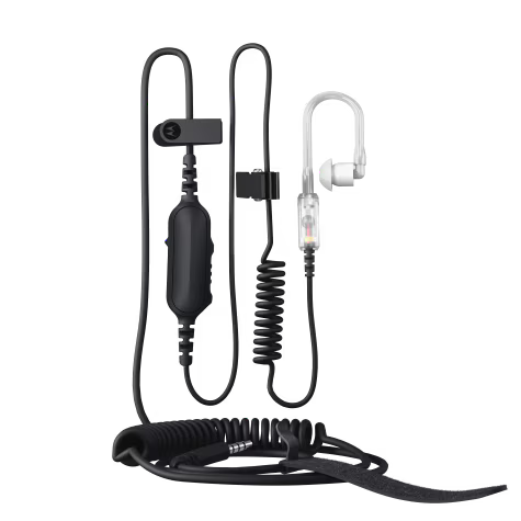 Black headset with transparent earbud loop and coiled cable.