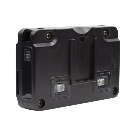 Capteur en plastique noir avec deux lentilles et plusieurs vis.