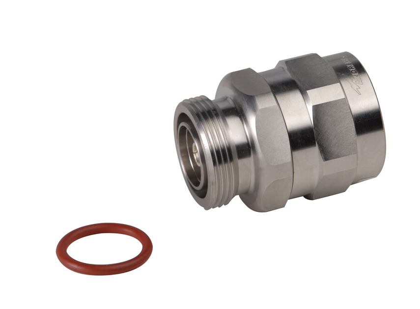 Metalen fitting met schroefdraad links van rode afdichtring.