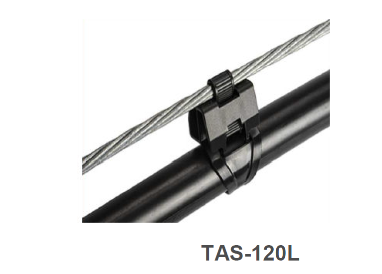 Cable clamp TAS-120L connects metal pipe and wire rope.