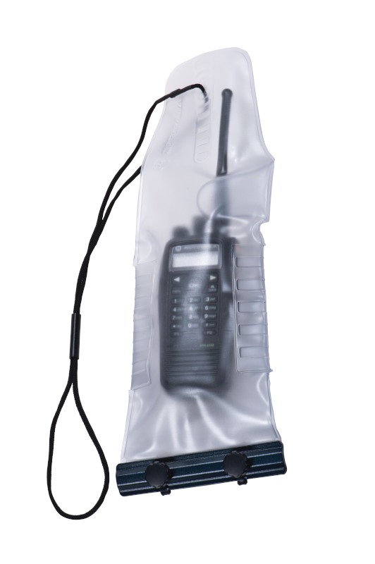Radio in transparent waterproof bag with black carrying strap.