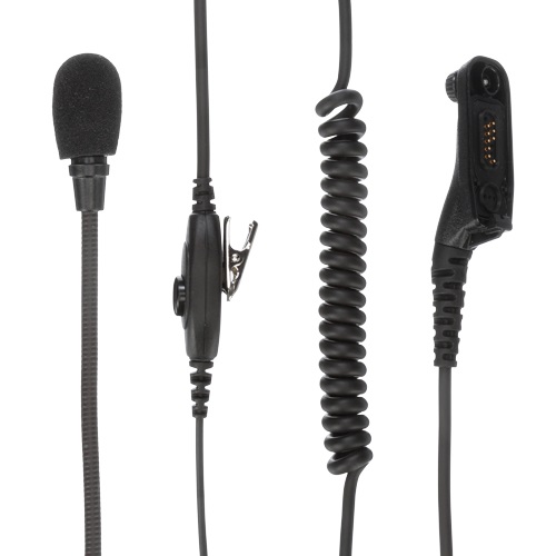 Microphone avec clip, câble en spirale et connecteur.