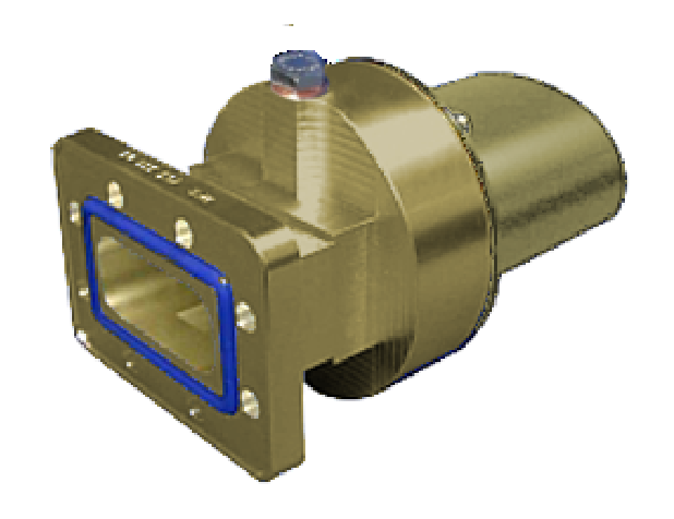 7000-00621000_rfs_01.png Metalen golfgeleideradapter met rechthoekige flens en blauwe rand.