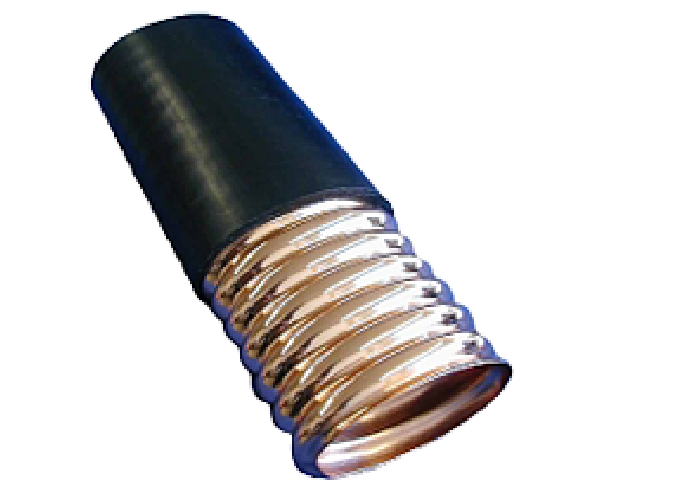 Metalen springhaak met zwarte handgreep.