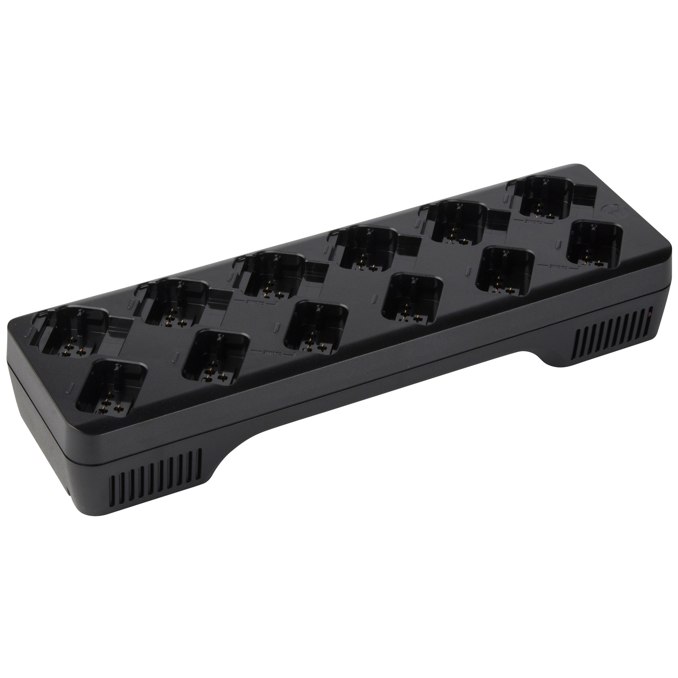 Chargeur noir avec douze emplacements de charge pour appareils électroniques.