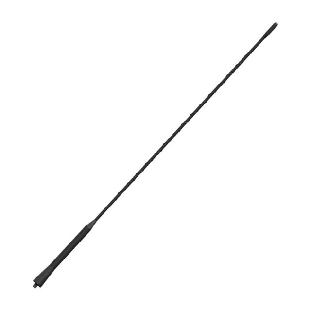 Black car antenna with a long, spiral rod.
