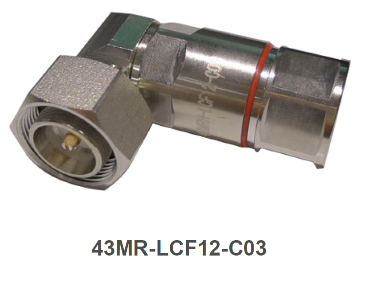 Adaptateur coudé en métal avec anneau rouge, marqué 43MR-LCF12-C03.