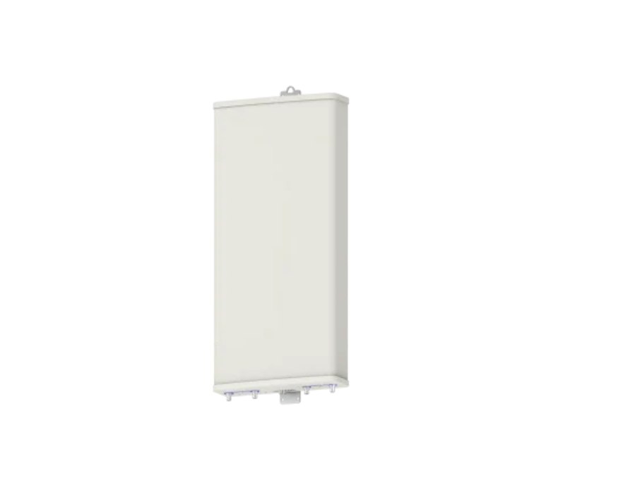 Rectangular, vertical, white antenna with bracket at base.