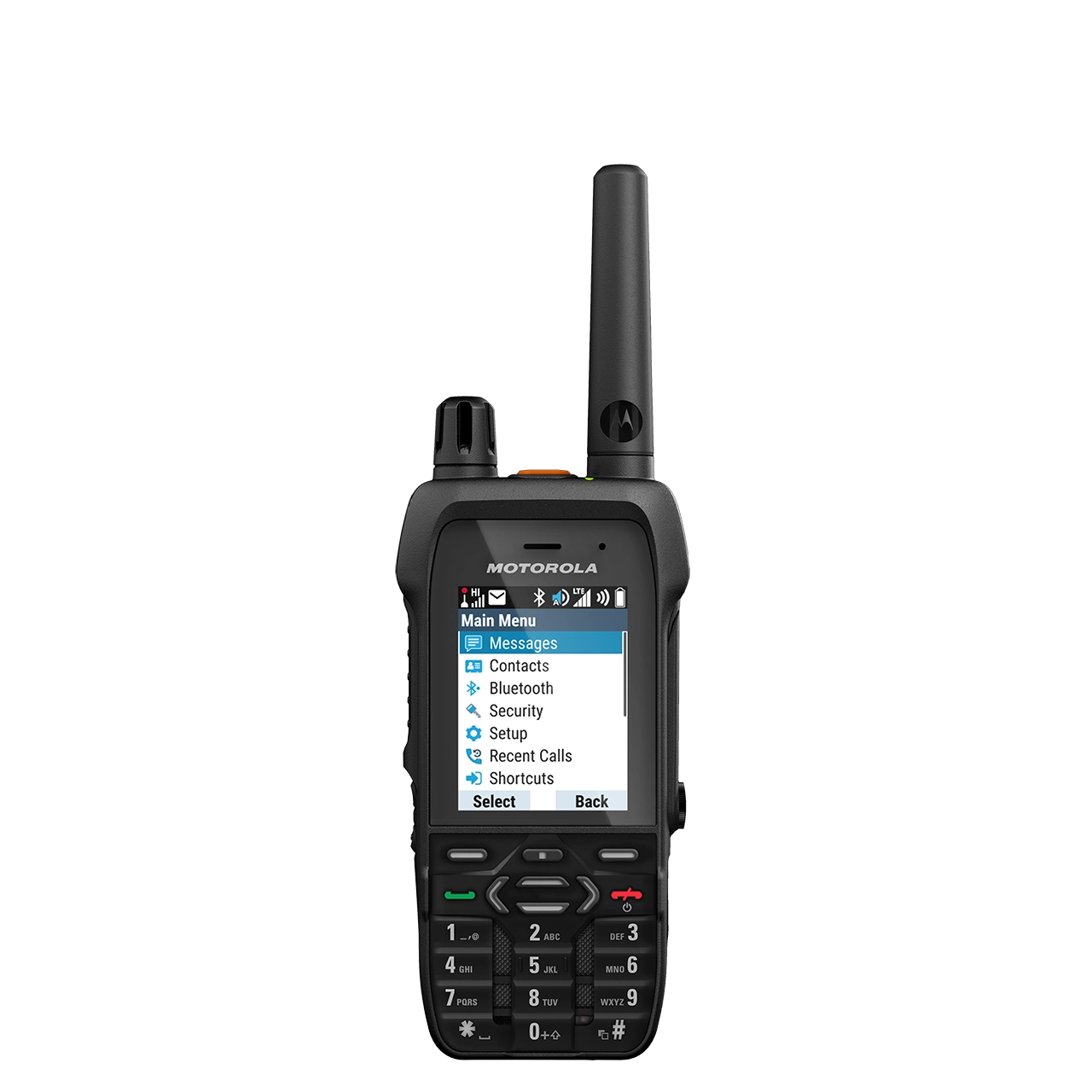 Appareil radio avec antenne, écran affiche un menu avec Messages et Contacts.