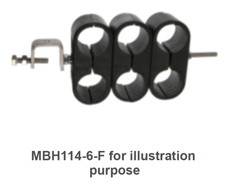 Bracket with three clamp rings on metal base.