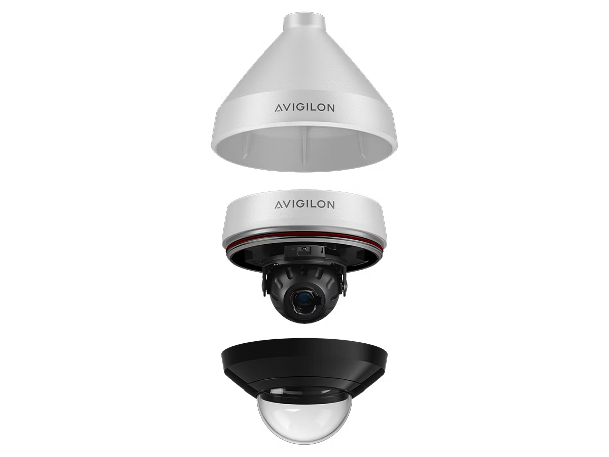 Exploded view of a surveillance camera in four parts.