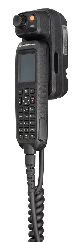A radio handset microphone with keypad and display.