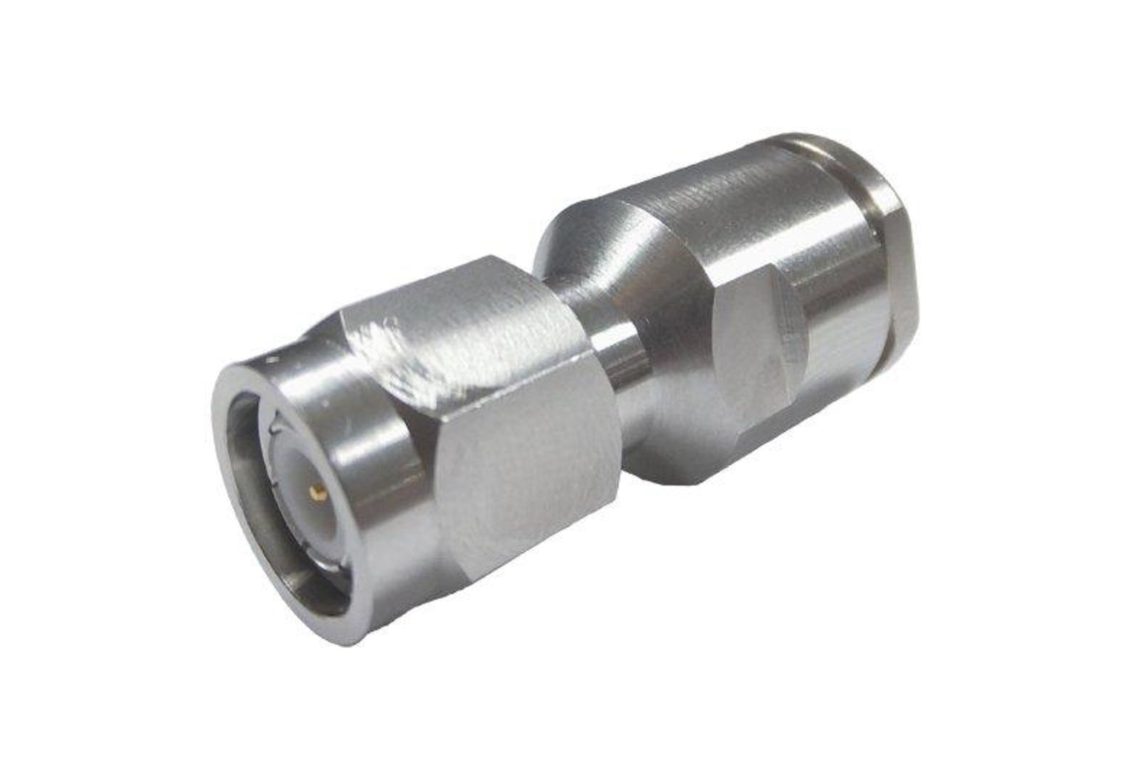 Metal coaxial adapter with hexagonal casing.