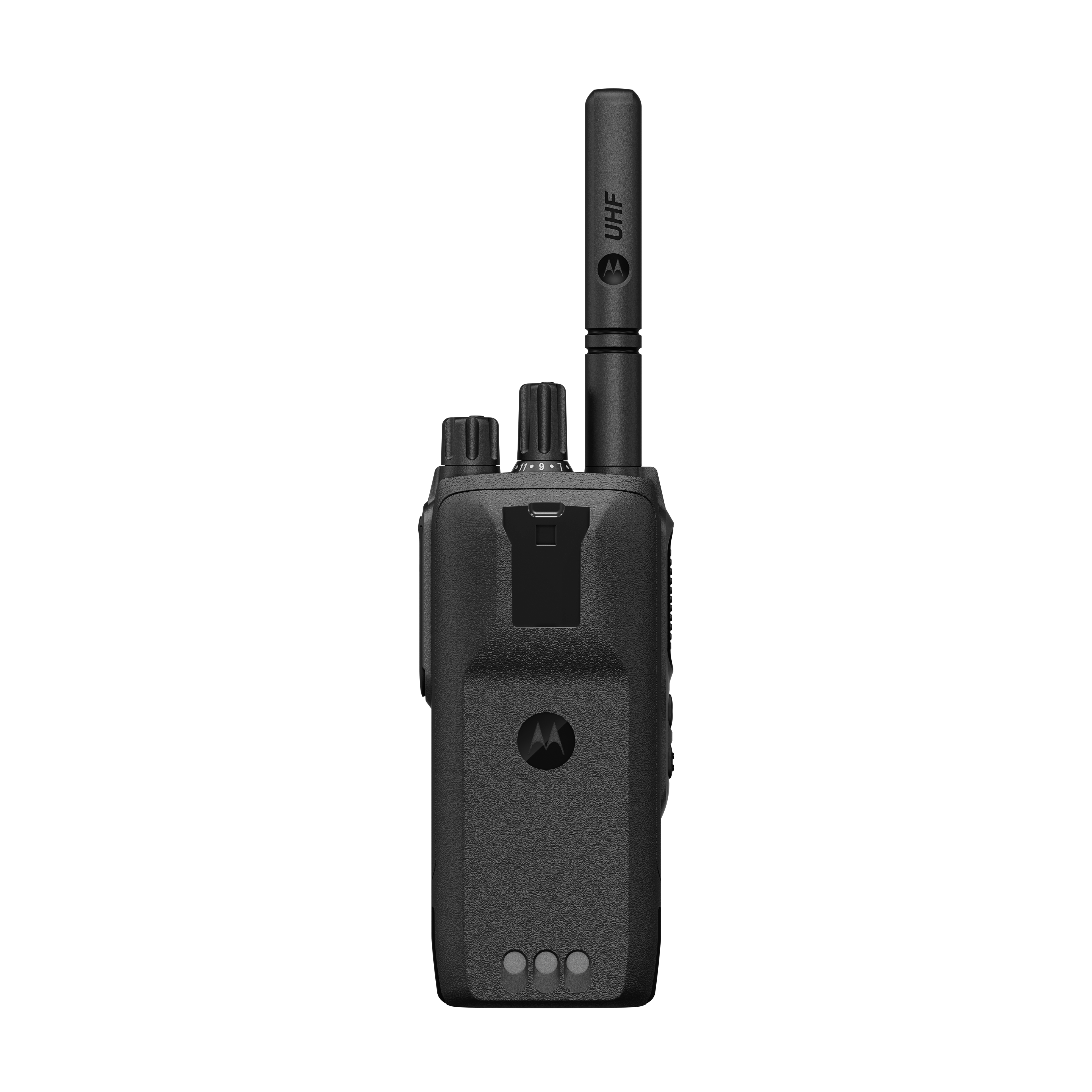 Black handheld radio with two knobs and a UHF antenna.