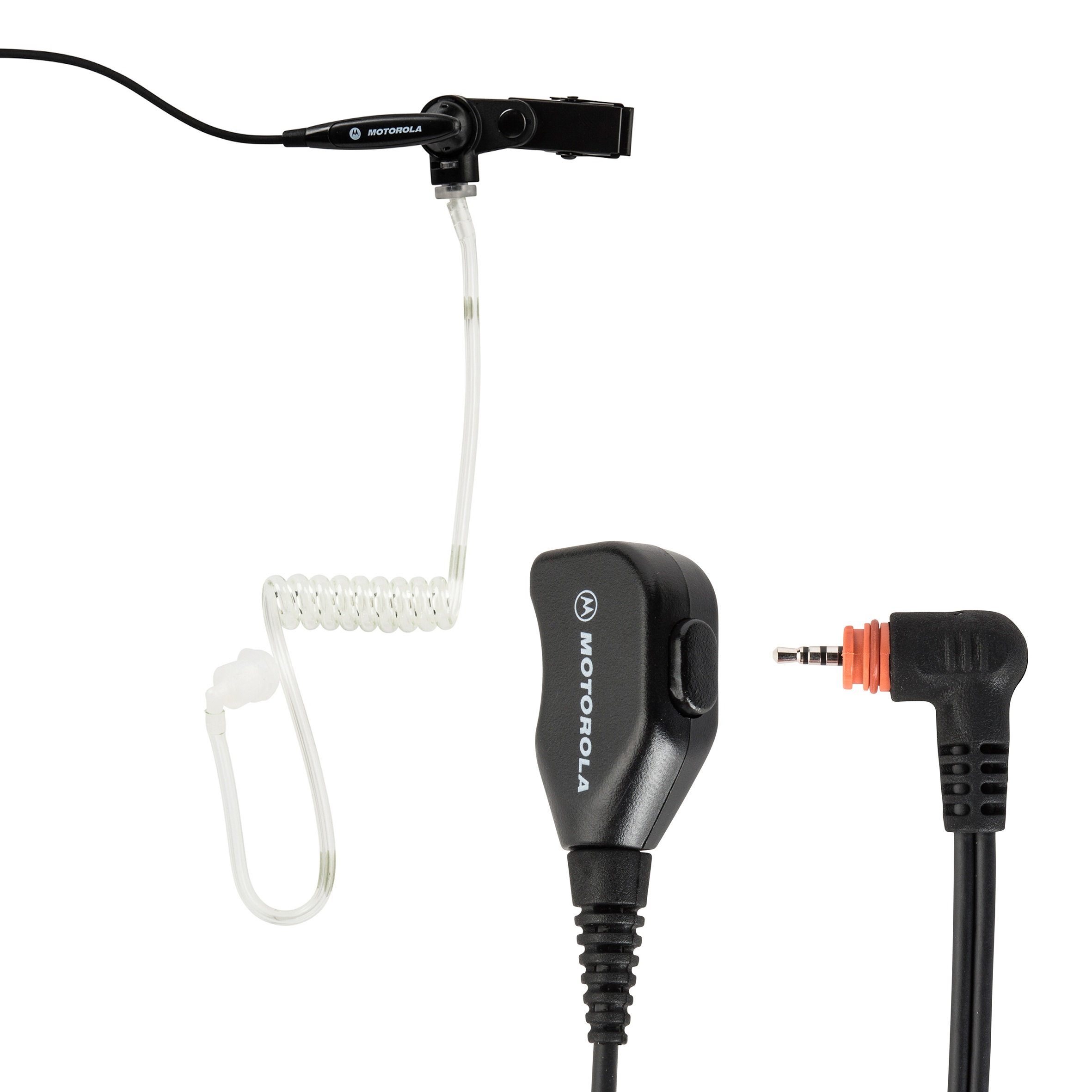 Earpiece with clear coil cable, black clip, and 3.5 mm jack plug.