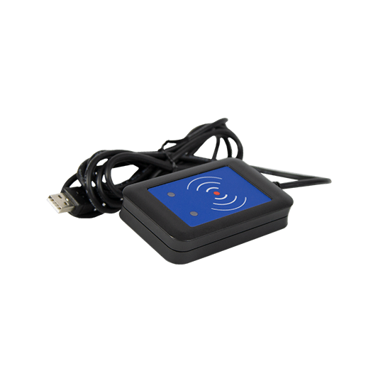 Lecteur RFID USB avec champ bleu et symboles de signal sans fil.